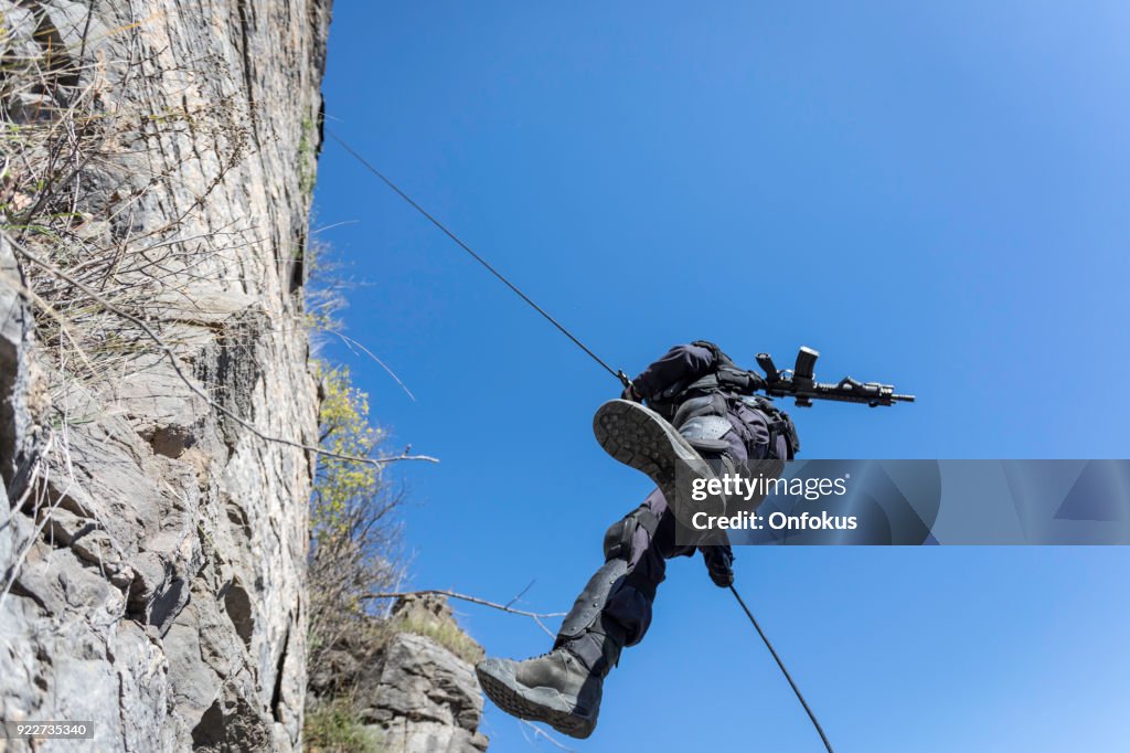 Swat Police Officer Rappelling