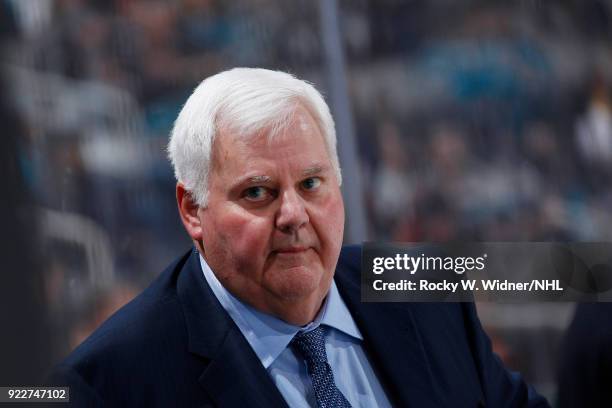 Head coach Ken Hitchcock of the Dallas Stars looks on during the game against the San Jose Sharks at SAP Center on February 18, 2018 in San Jose,...