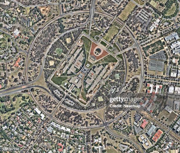 canberra city from above - australia from space stock-fotos und bilder