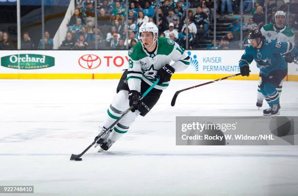 Tyler Pitlick of the Dallas Stars skates with the puck against the San Jose Sharks at SAP Center on February 18, 2018 in San Jose, California.