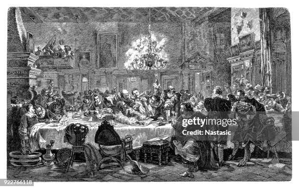 stockillustraties, clipart, cartoons en iconen met de wallenstein palace in praag, banket van de generaals van wallenstein - banquet