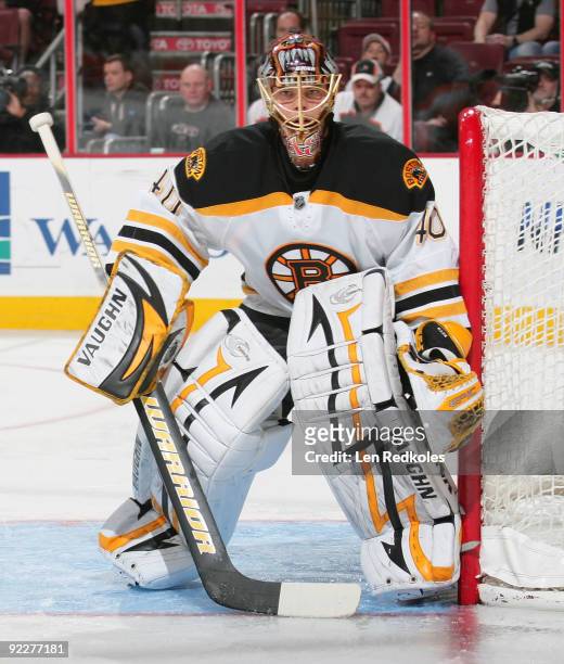 Goaltender Tuukka Rask of the Boston Bruins watches the play develop against the Philadelphia Flyers on October 22, 2009 at the Wachovia Center in...