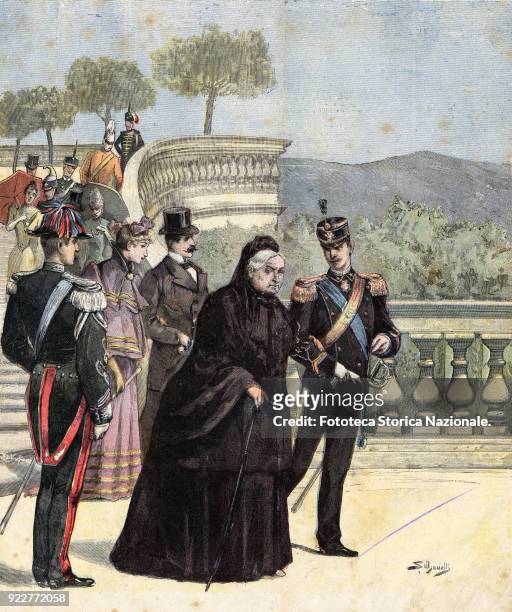 Queen Victoria visiting Villa Palmieri near Florence. Illustration by Silhouette for the cover of "La Tribuna Illustrata della Domenica", Italy,...