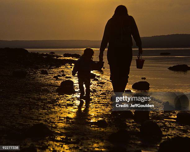 madre y niño caminando en la playa al atardecer - jeff goulden fotografías e imágenes de stock