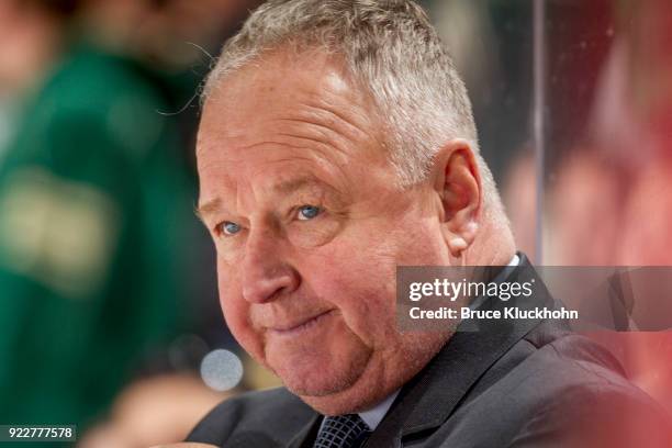 Anaheim Ducks head coach Randy Carlyle watches from the bench during the game against the Minnesota Wild at the Xcel Energy Center on February 17,...