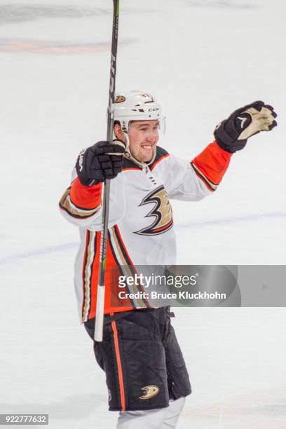 Nick Ritchie of the Anaheim Ducks celebrates after scoring during the shootout against the Minnesota Wild during the game at the Xcel Energy Center...