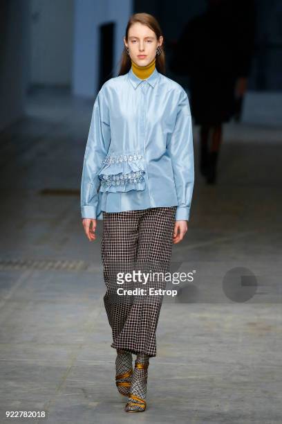 Model walks the runway at the Albino Teodoro show during Milan Fashion Week Fall/Winter 2018/19 on February 21, 2018 in Milan, Italy.