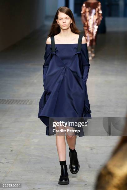 Model walks the runway at the Albino Teodoro show during Milan Fashion Week Fall/Winter 2018/19 on February 21, 2018 in Milan, Italy.