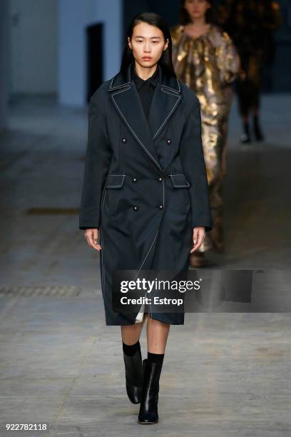 Model walks the runway at the Albino Teodoro show during Milan Fashion Week Fall/Winter 2018/19 on February 21, 2018 in Milan, Italy.