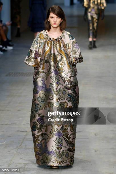 Model walks the runway at the Albino Teodoro show during Milan Fashion Week Fall/Winter 2018/19 on February 21, 2018 in Milan, Italy.