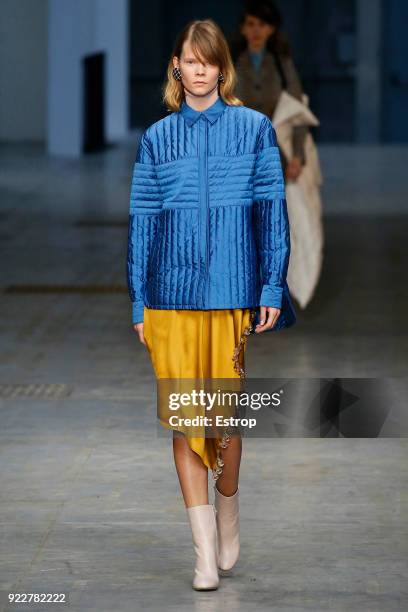 Model walks the runway at the Albino Teodoro show during Milan Fashion Week Fall/Winter 2018/19 on February 21, 2018 in Milan, Italy.