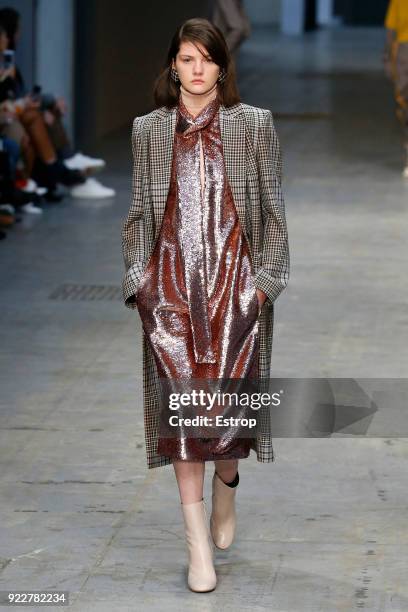 Model walks the runway at the Albino Teodoro show during Milan Fashion Week Fall/Winter 2018/19 on February 21, 2018 in Milan, Italy.