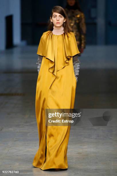 Model walks the runway at the Albino Teodoro show during Milan Fashion Week Fall/Winter 2018/19 on February 21, 2018 in Milan, Italy.