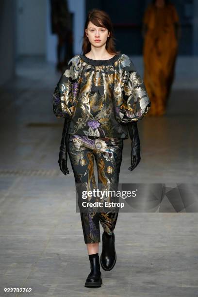 Model walks the runway at the Albino Teodoro show during Milan Fashion Week Fall/Winter 2018/19 on February 21, 2018 in Milan, Italy.