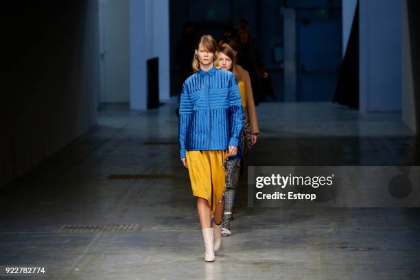 Model walks the runway at the Albino Teodoro show during Milan Fashion Week Fall/Winter 2018/19 on February 21, 2018 in Milan, Italy.