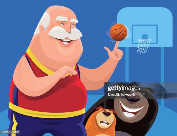 senior man spinning basketball with dogs - old people exercise cartoon stock illustrations
