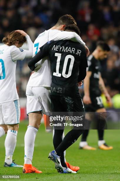 Cristiano Ronaldo of Real Madrid and Neymar of Paris Saint-Germain walk during the UEFA Champions League Round of 16 First Leg match between Real...