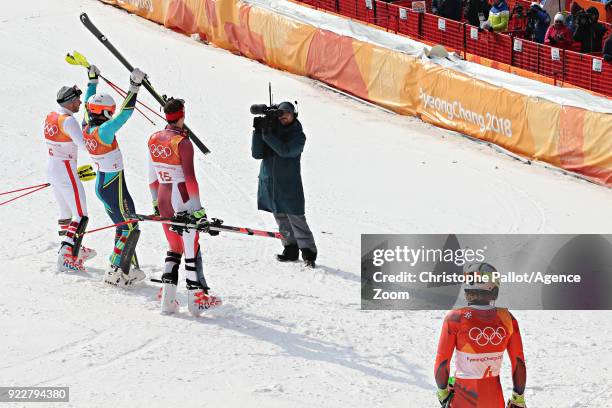 Mario Matt of Austria wins the bronze medal, Andre Myhrer of Sweden wins the gold medal, Ramon Zenhaeusern of Switzerland wins the silver medal...