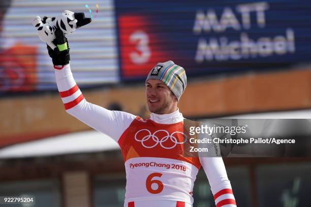 Mario Matt of Austria wins the bronze medal during the Alpine Skiing Men's Slalom at Yongpyong Alpine Centre on February 22, 2018 in Pyeongchang-gun,...