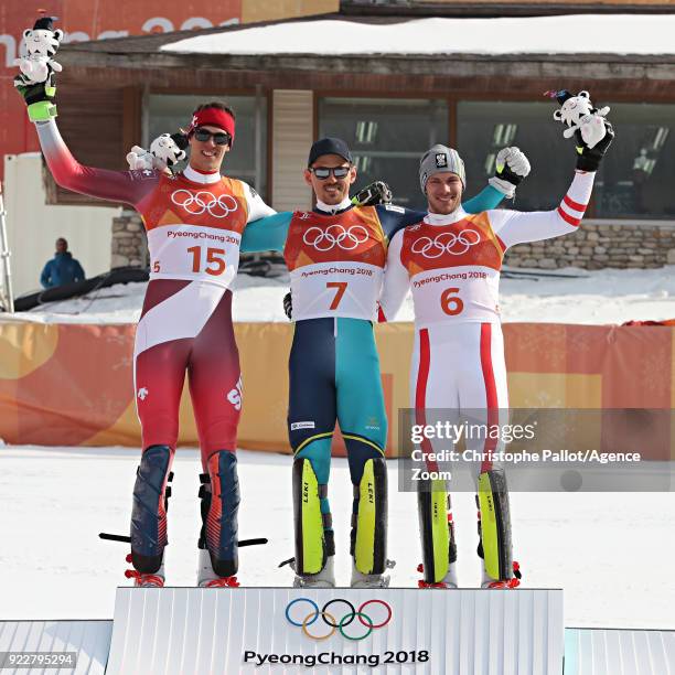 Ramon Zenhaeusern of Switzerland wins the silver medal, Andre Myhrer of Sweden wins the gold medal, Mario Matt of Austria wins the bronze medal...