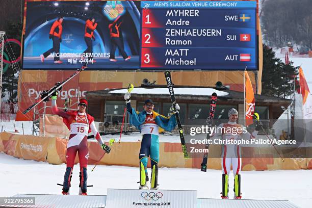 Ramon Zenhaeusern of Switzerland wins the silver medal, Andre Myhrer of Sweden wins the gold medal, Mario Matt of Austria wins the bronze medal...