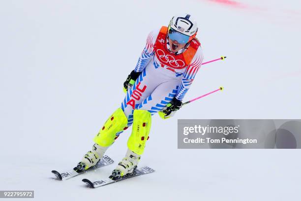 Lindsey Vonn of the United States looks dejected during the Ladies' Alpine Combined on day thirteen of the PyeongChang 2018 Winter Olympic Games at...