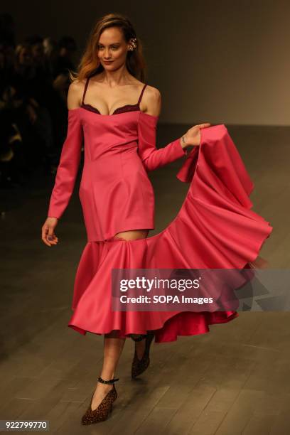 Model walks the runway at the Marta Jakubowski Show during London Fashion Week February 2018 at BFC Show Space.