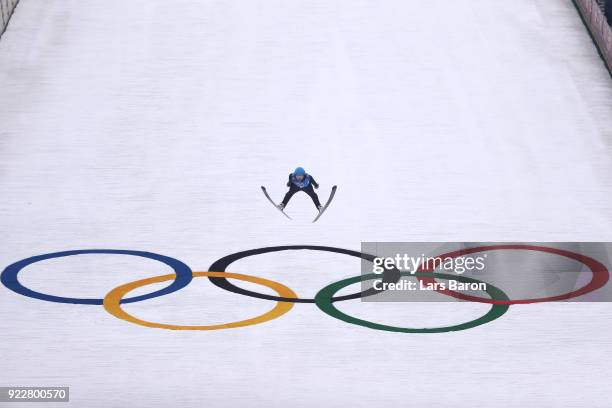 Jan Schmid of Norway competes during the Nordic Combined Team Gundersen LH/4x5km, Ski Jumping Trial Round on day thirteen of the PyeongChang 2018...