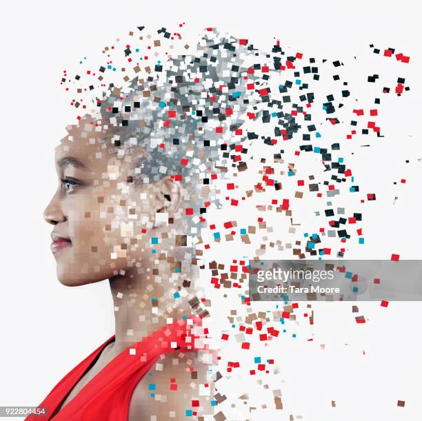 pixelated face of woman - digital composite stock-fotos und bilder