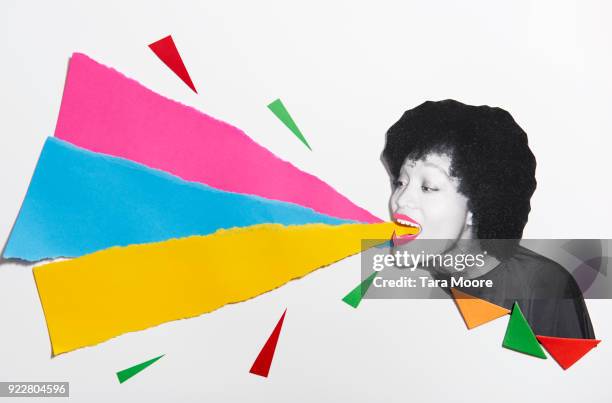 woman shouting with copy space - parlare inglese foto e immagini stock