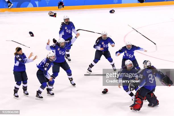 The United States celebrates after defeating Canada in a shootout to win the Women's Gold Medal Game on day thirteen of the PyeongChang 2018 Winter...