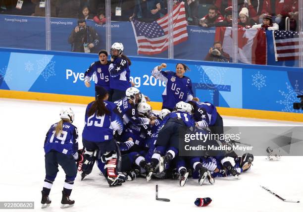 The United States celebrates after defeating Canada in a shootout to win the Women's Gold Medal Game on day thirteen of the PyeongChang 2018 Winter...