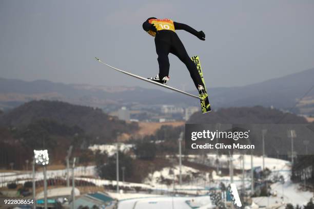 Espen Andersen of Norway competes during the Nordic Combined Team Gundersen LH/4x5km, Ski Jumping Trial Round on day thirteen of the PyeongChang 2018...