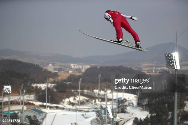 Eric Frenzel of Germany competes during the Nordic Combined Team Gundersen LH/4x5km, Ski Jumping Trial Round on day thirteen of the PyeongChang 2018...