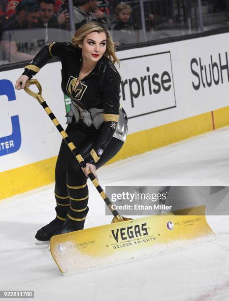 Member of the Knights Crew cleans the ice during the Vegas Golden Knights' game against the Calgary Flames at T-Mobile Arena on February 21, 2018 in...