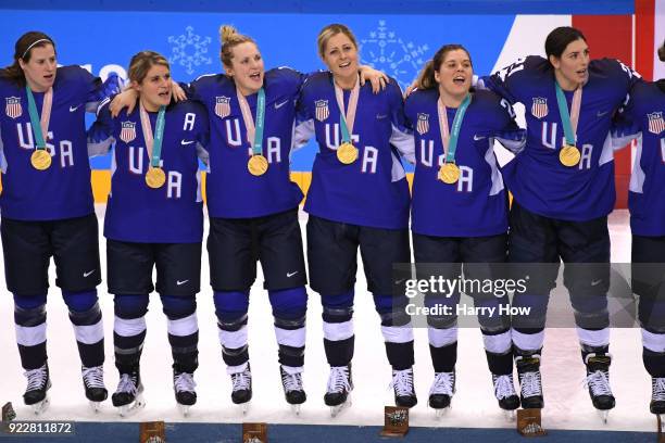 Gold medal winners the United States celebrate during the victory ceremony after defeating Canada in a shootout in the Women's Gold Medal Game on day...