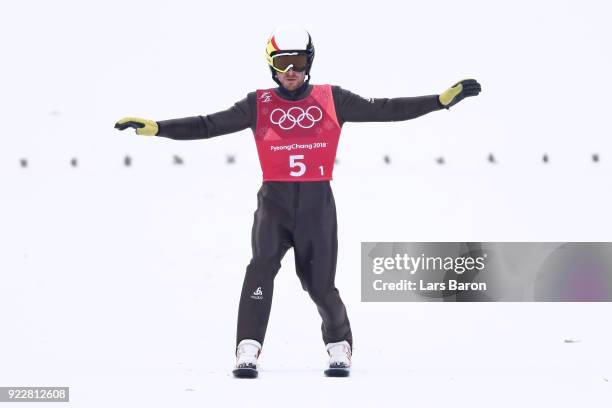 Francois Braud of France competes during the Nordic Combined Team Gundersen LH/4x5km, Ski Jumping Competition Round on day thirteen of the...