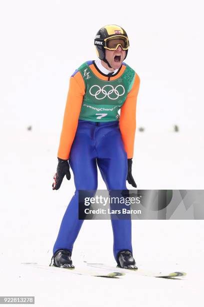 Bernhard Gruber of Austria reacts during the Nordic Combined Team Gundersen LH/4x5km, Ski Jumping Competition Round on day thirteen of the...