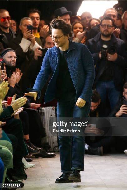 Model walks the runway at the Arthur Arbesser show during Milan Fashion Week Fall/Winter 2018/19 on February 21, 2018 in Milan, Italy.