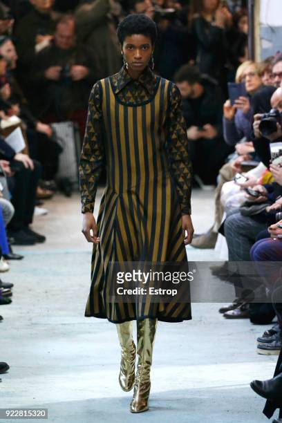 Model walks the runway at the Arthur Arbesser show during Milan Fashion Week Fall/Winter 2018/19 on February 21, 2018 in Milan, Italy.