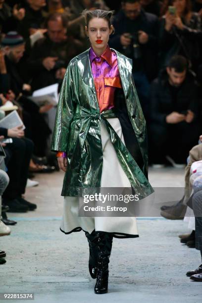 Model walks the runway at the Arthur Arbesser show during Milan Fashion Week Fall/Winter 2018/19 on February 21, 2018 in Milan, Italy.