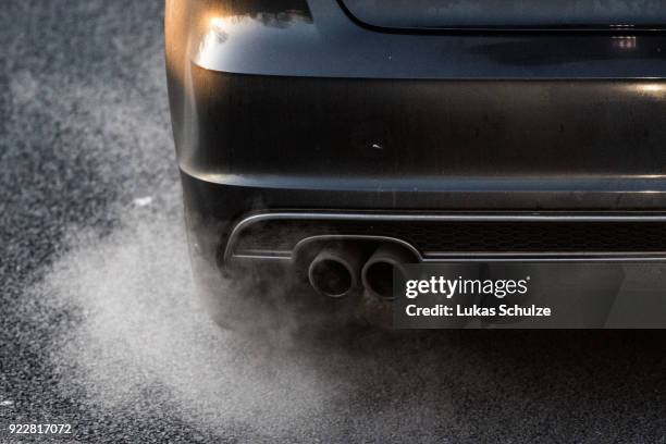 Car emits exhaust fumes on the A52 on February 22, 2018 in Duesseldorf, Germany. The German Federal Court of Justice in Leipzig is due to rule today...