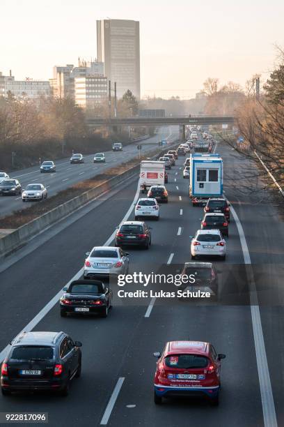 Cars drive along the A52 on February 22, 2018 in Duesseldorf, Germany. The German Federal Court of Justice in Leipzig is due to rule today whether...