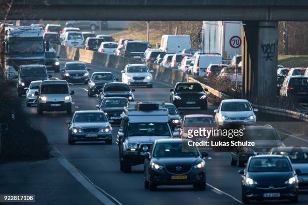 Cars drive along the A52 on February 22, 2018 in Duesseldorf, Germany. The German Federal Court of Justice in Leipzig is due to rule today whether...