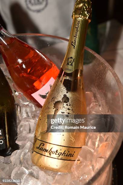 Lamborghini sparkling wine seen at Haute Living and One Thousand Museum celebrate cover star Josh Norman at Kiki on the River on February 21, 2018 in...
