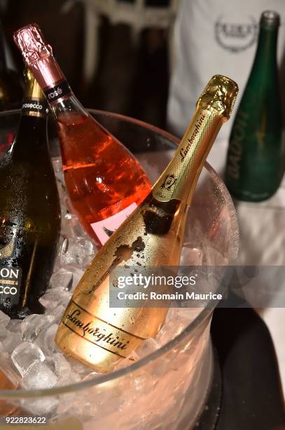 Lamborghini sparkling wine seen at Haute Living and One Thousand Museum celebrate cover star Josh Norman at Kiki on the River on February 21, 2018 in...