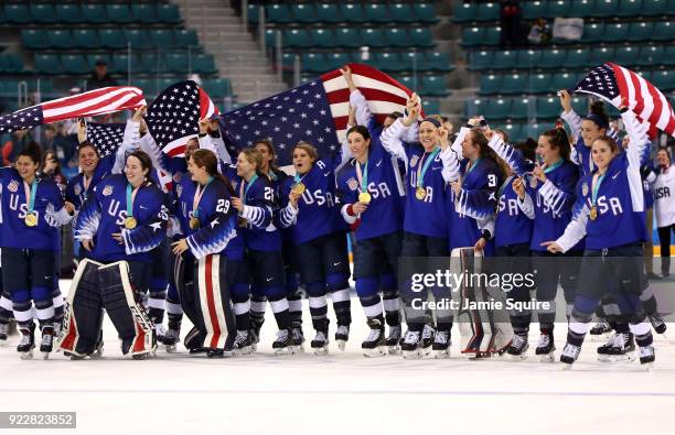 Gold medal winners the United States celebrate after defeating Canada in a shootout in the Women's Gold Medal Game on day thirteen of the PyeongChang...
