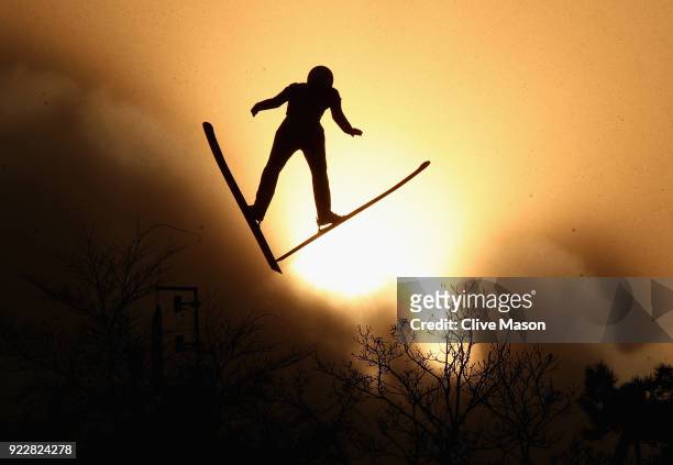 Forerunner jumps during the Nordic Combined Team Gundersen LH/4x5km, Ski Jumping Competition Round on day thirteen of the PyeongChang 2018 Winter...