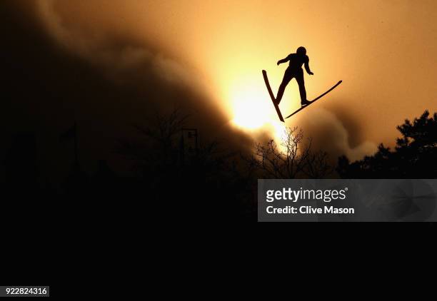 Forerunner jumps during the Nordic Combined Team Gundersen LH/4x5km, Ski Jumping Competition Round on day thirteen of the PyeongChang 2018 Winter...