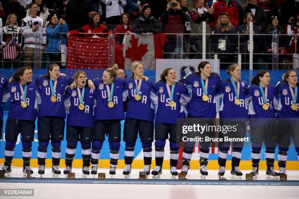 Gold medal winners the United States celebrate after defeating Canada in a shootout in the Women's Gold Medal Game on day thirteen of the PyeongChang...